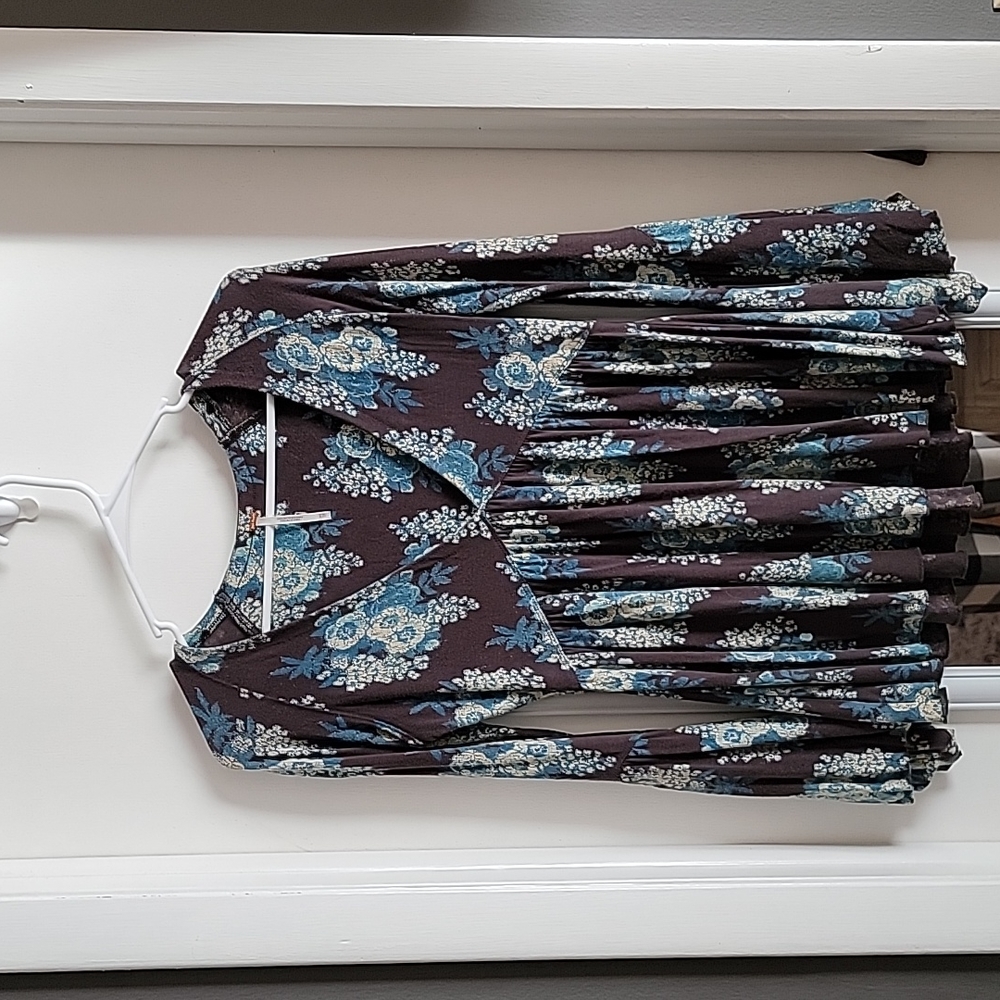 Free People Gray Blue Floral Bubble Bell Sleeve Tunic